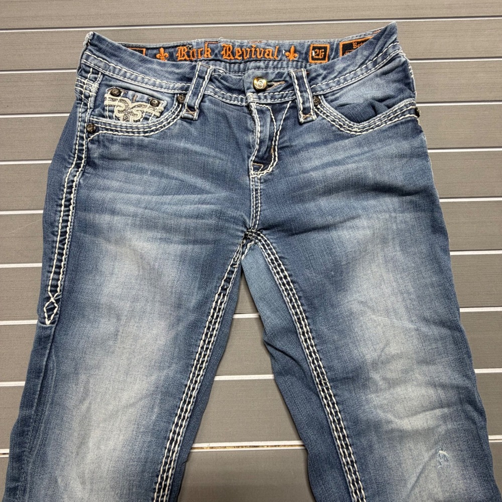 Rock Revival Betty Mid-Rise Bootcut Jeans Blue Distressed Size 26